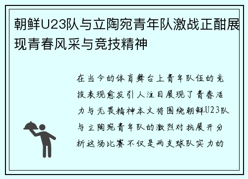 朝鲜U23队与立陶宛青年队激战正酣展现青春风采与竞技精神